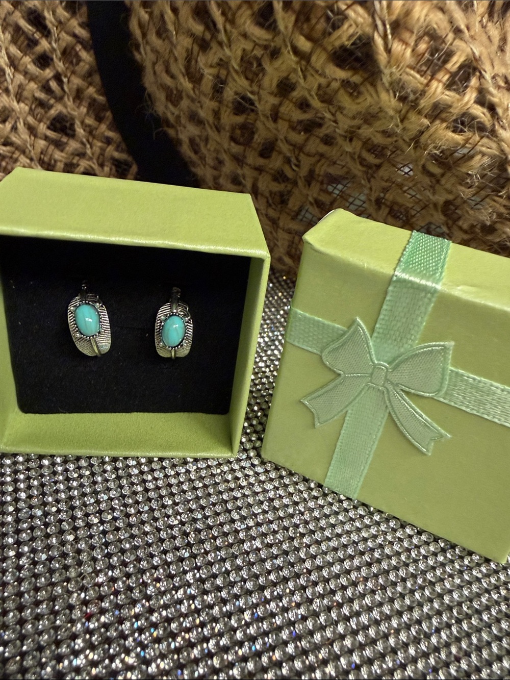 Turquoise Huggies Oval Stone Silver-Tone Earrings
